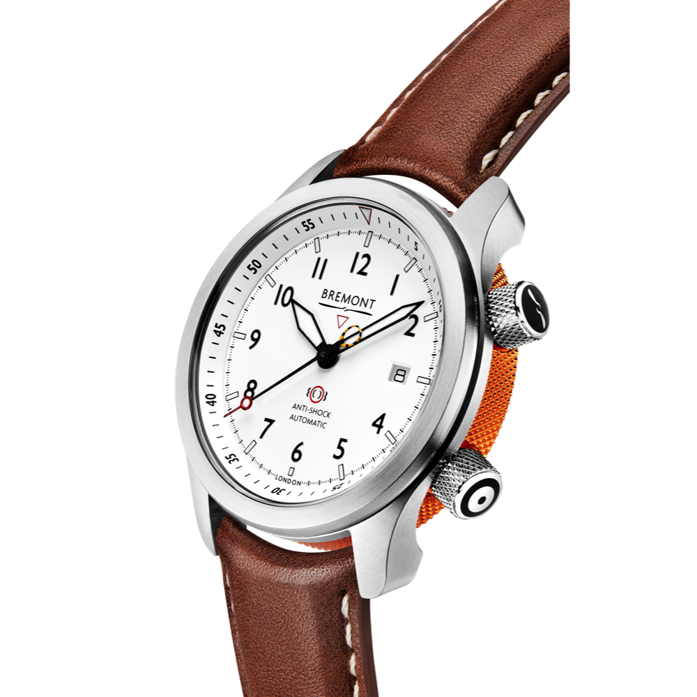 Bremont Watch Company Configurator MBII Custom Stainless Steel, White Dial with Orange Barrel & Closed Case Back