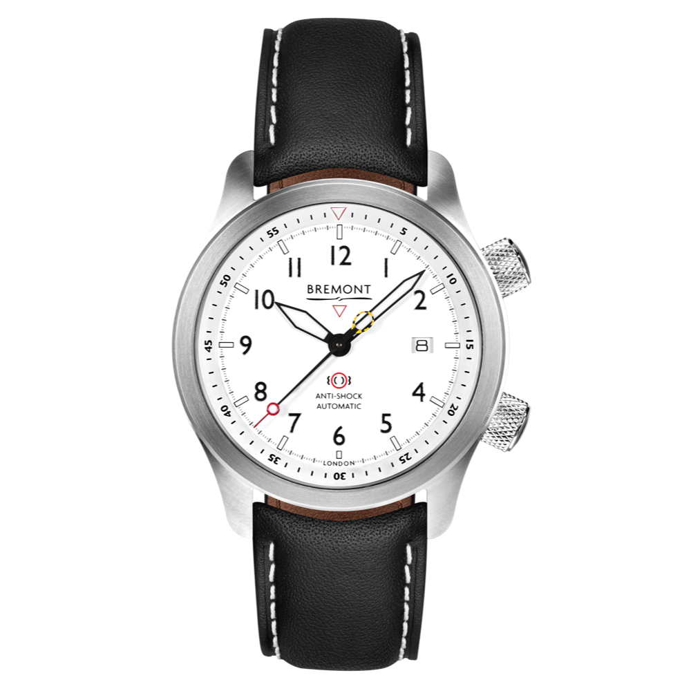 Bremont Watch Company Configurator Grey with White Stitch Leather / Short / Pin Buckle MBII Custom Stainless Steel, White Dial with Purple Barrel & Closed Case Back