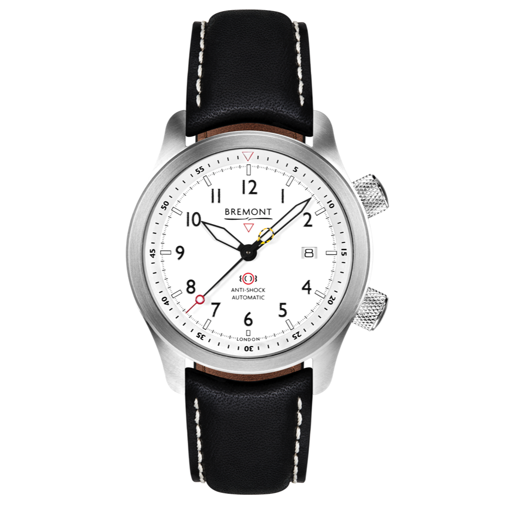 Bremont Watch Company Configurator Black with White Stitch Leather / Short / Pin Buckle MBII Custom Stainless Steel, White Dial with Blue Barrel & Closed Case Back