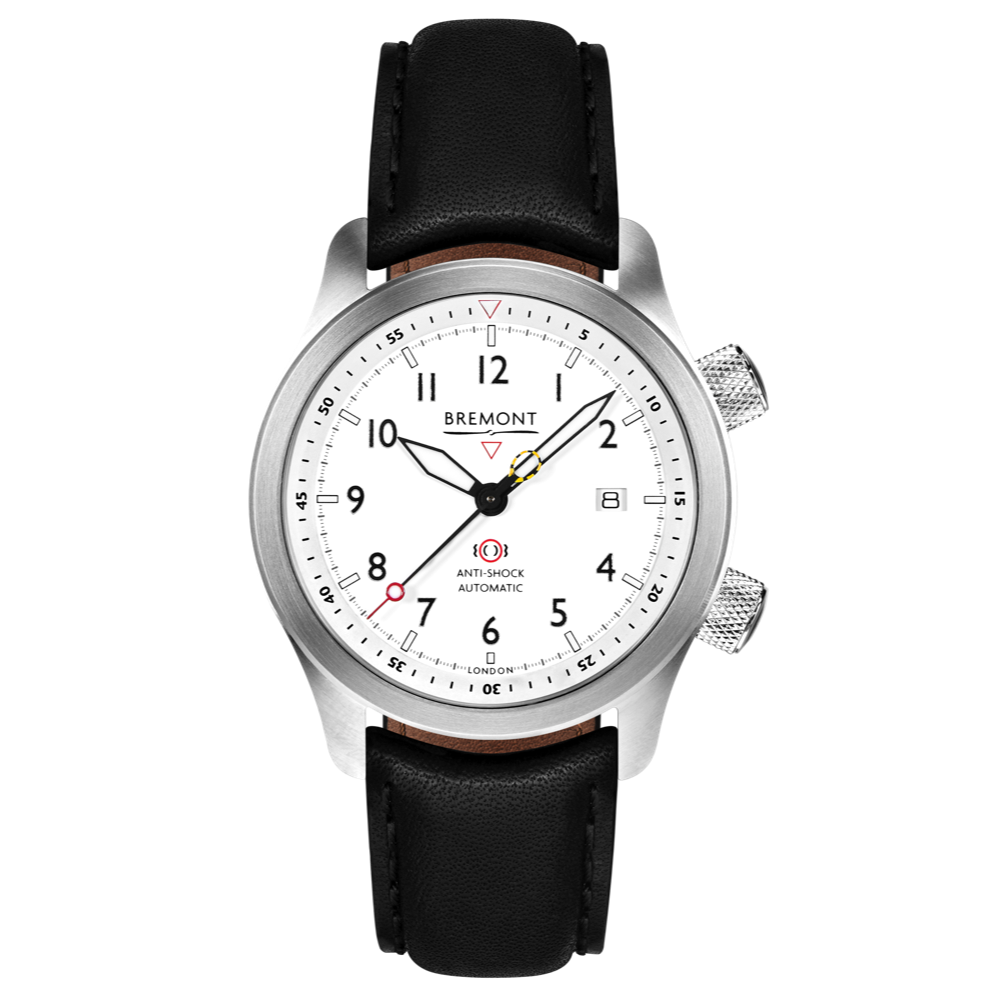 Bremont Watch Company Configurator Black with Black Stitch Leather / Short / Pin Buckle MBII Custom Stainless Steel, White Dial with Anthracite Barrel & closed Case Back