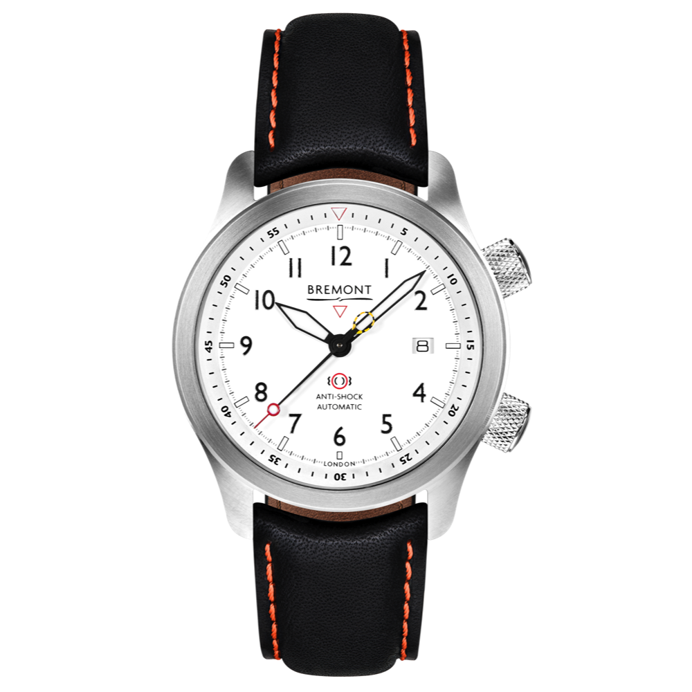 Bremont Watch Company Configurator Black with Orange Stitch Leather / Short / Pin Buckle MBII Custom Stainless Steel, White Dial with Anthracite Barrel & closed Case Back