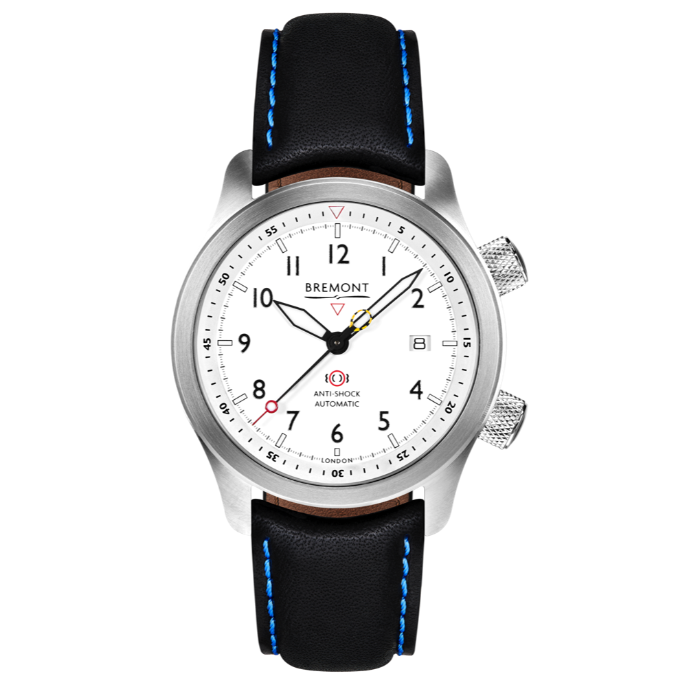 Bremont Watch Company Configurator Black with Blue Stitch Leather / Short / Pin Buckle MBII Custom Stainless Steel, White Dial with Anthracite Barrel & closed Case Back