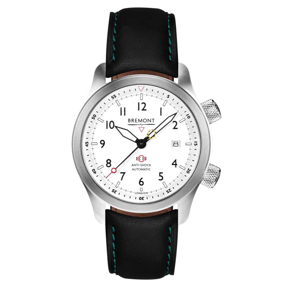 Bremont Watch Company Configurator Black with Green Stitch Leather / Short / Pin Buckle MBII Custom Stainless Steel, White Dial with Anthracite Barrel & closed Case Back