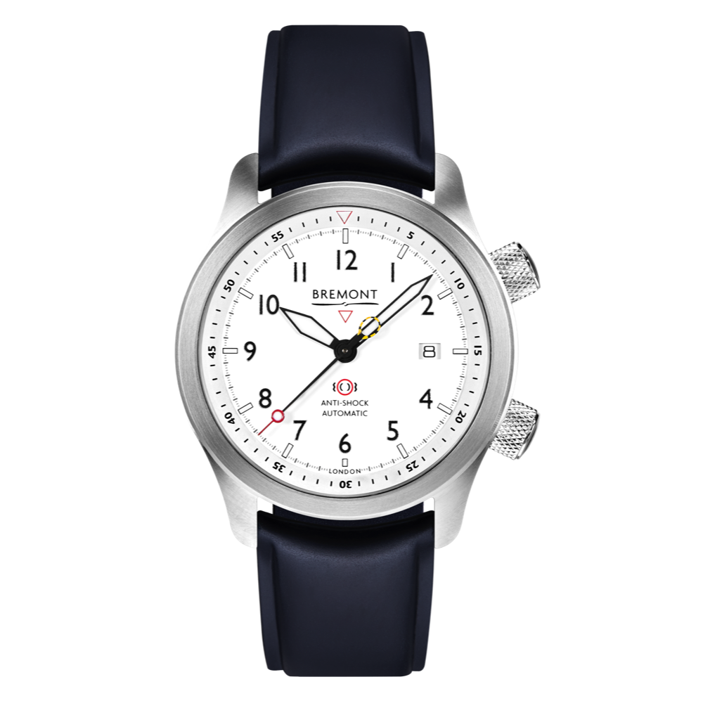 Bremont Watch Company Configurator Blue Temple Island / Short / Pin Buckle MBII Custom Stainless Steel, White Dial with Anthracite Barrel & closed Case Back