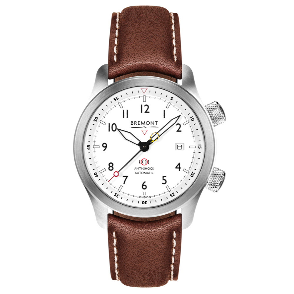 Bremont Watch Company Configurator Brown with White Stitch Leather / Short / Pin Buckle MBII Custom Stainless Steel, White Dial with Yellow Barrel & Closed Case Back