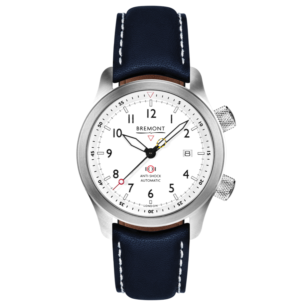 Bremont Watch Company Configurator Blue with White Stitch Leather / Short / Pin Buckle MBII Custom Stainless Steel, White Dial with Orange Barrel & Closed Case Back
