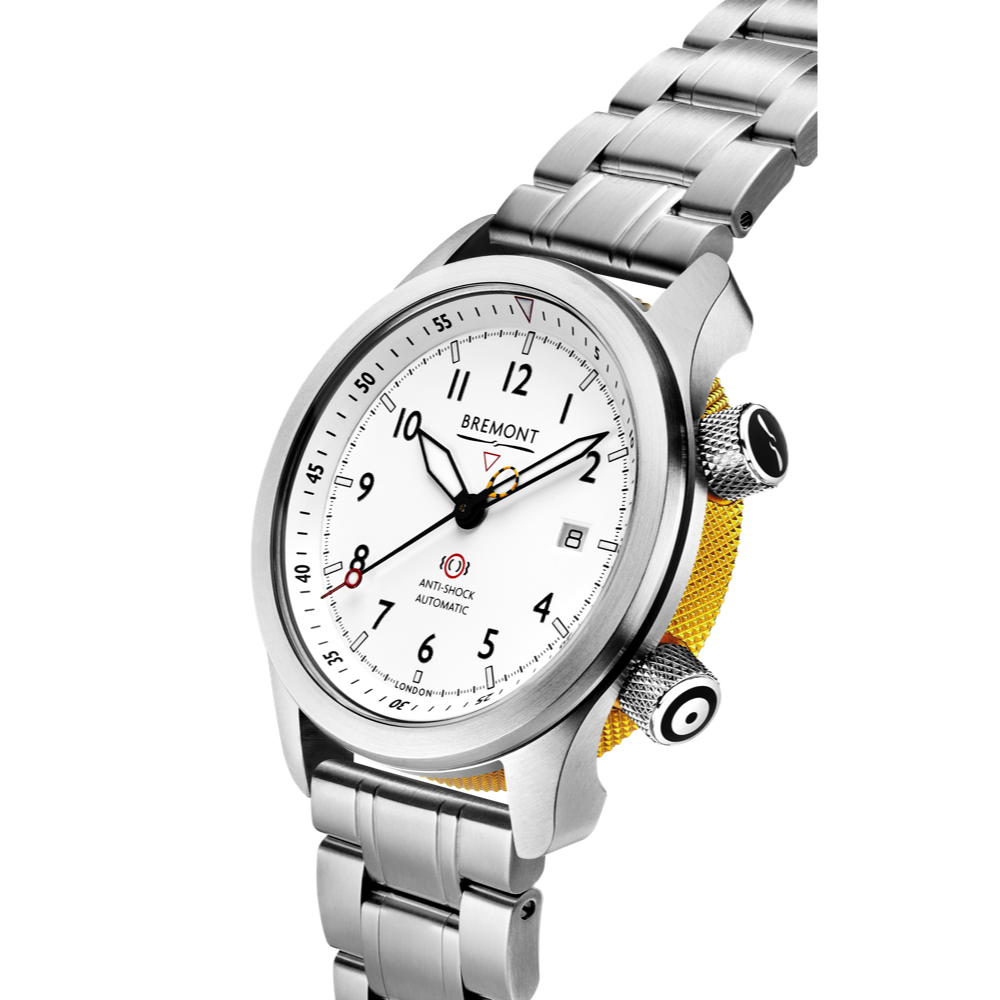 Bremont Watch Company Configurator MBII Custom Stainless Steel, White Dial with Yellow Barrel & Closed Case Back