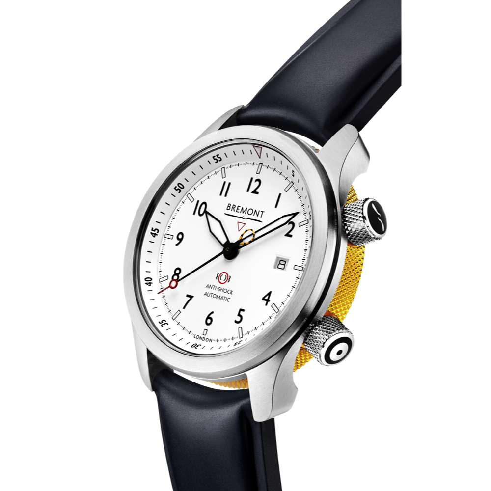 Bremont Watch Company Configurator MBII Custom Stainless Steel, White Dial with Yellow Barrel & Closed Case Back